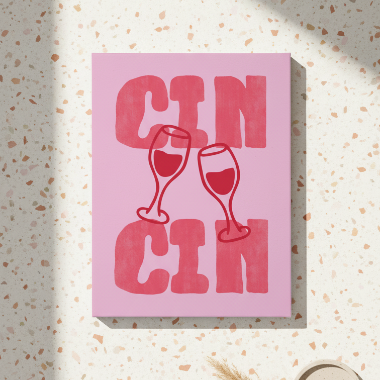 Pink sign with 'CIN CIN' and wine glass illustrations on a textured wall.